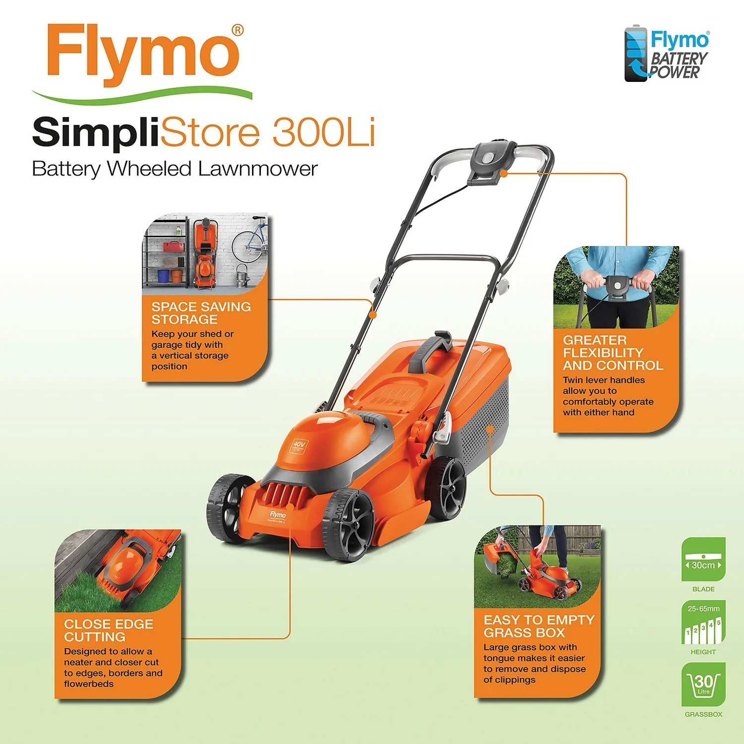 Flymo 40V SimpliStore 300R Li Cordless Lawn Mower - 30cm 2 Flymo 40V SimpliStore 300R Li Cordless Lawn Mower - 30cm - Image 2